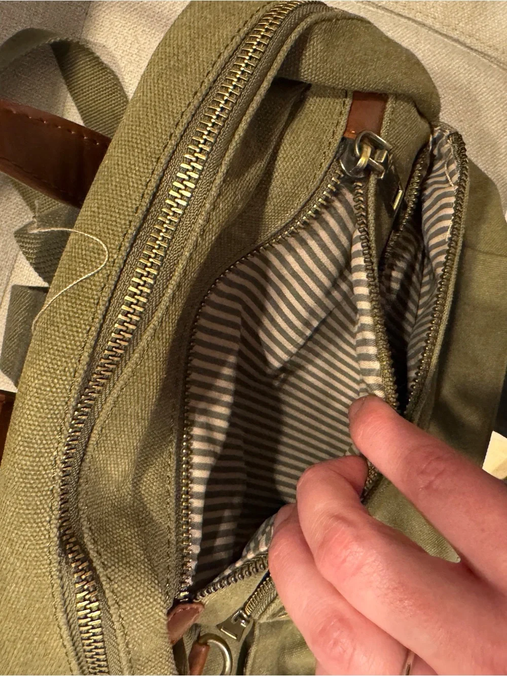 Olive Canvas Backpack with Leather Trim